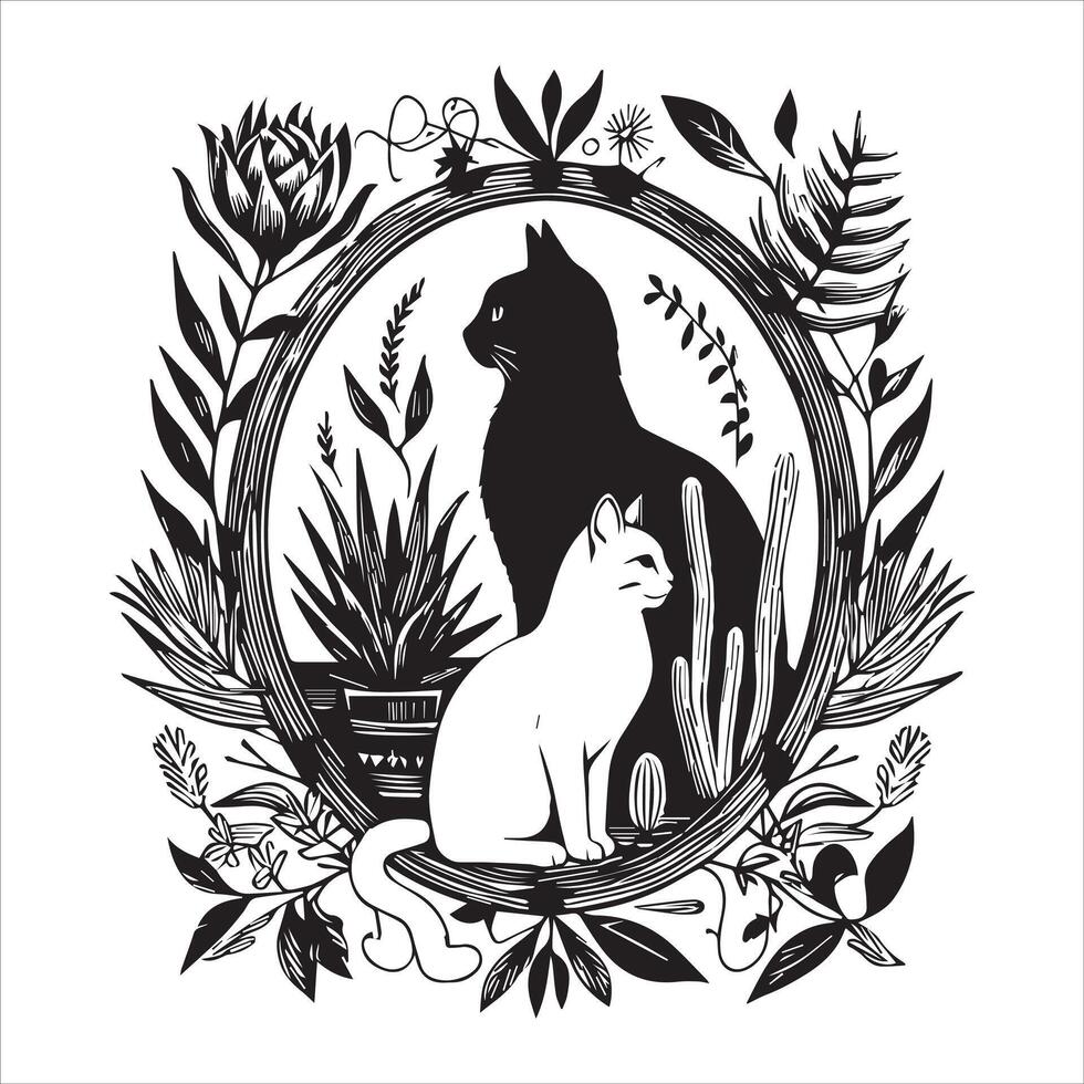 A silhouette black cat in an illustration frame with a floral design on its back silhouette print design vector