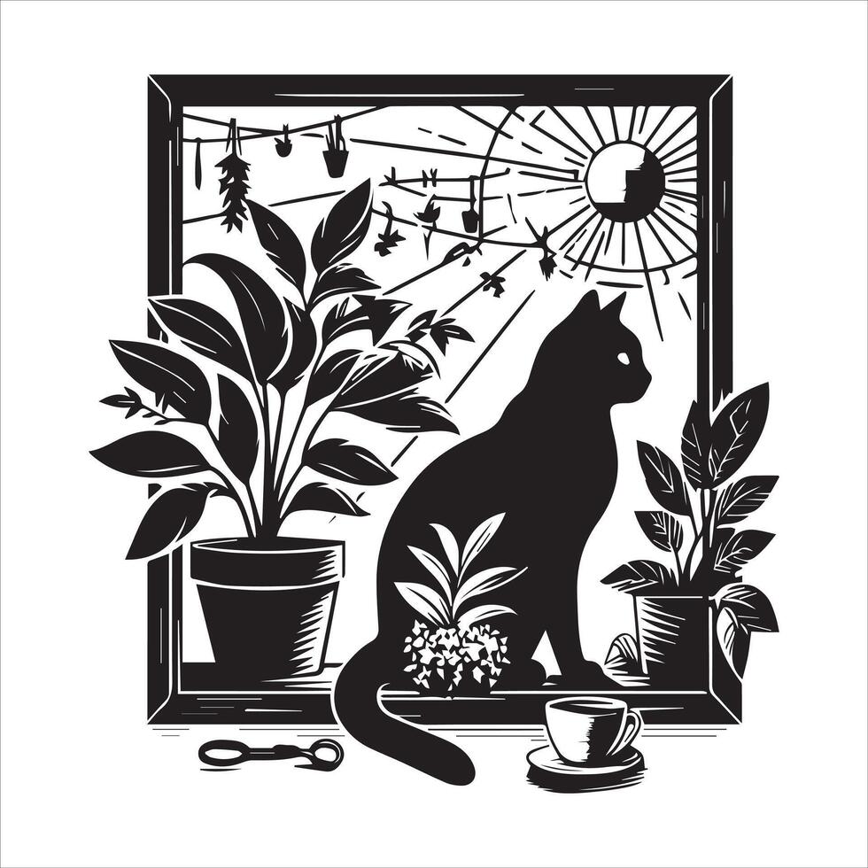 A silhouette black cat in an illustration frame with a floral design on its back silhouette print design vector