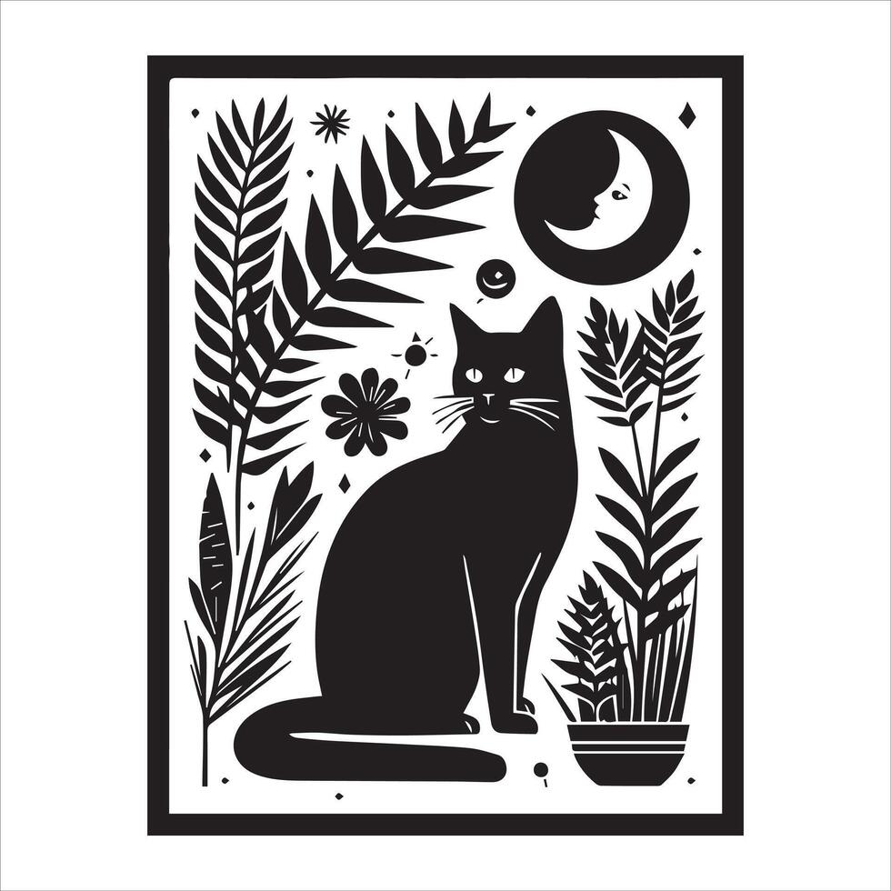 A silhouette black cat in an illustration frame with a floral design on its back silhouette print design vector