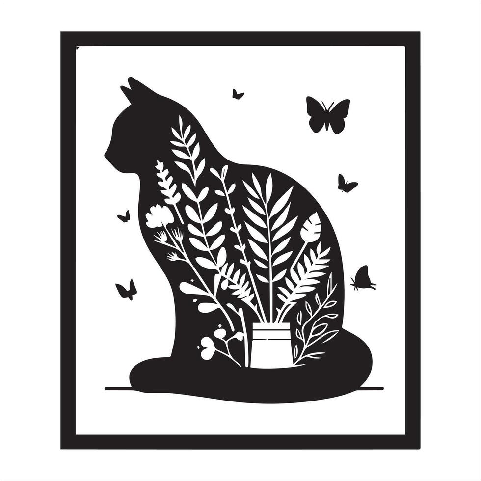 A silhouette black cat in an illustration frame with a floral design on its back silhouette print design vector