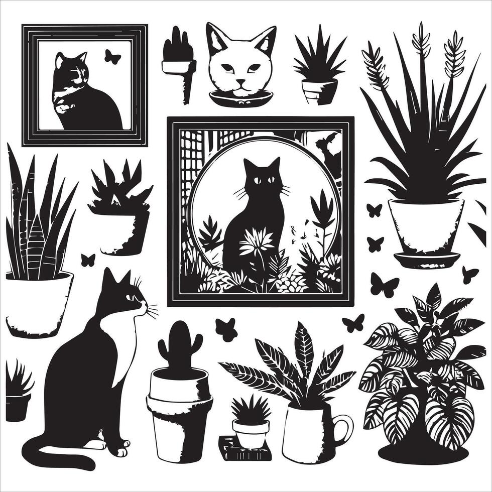 A silhouette black cat in an illustration frame with a floral design on its back silhouette print design vector