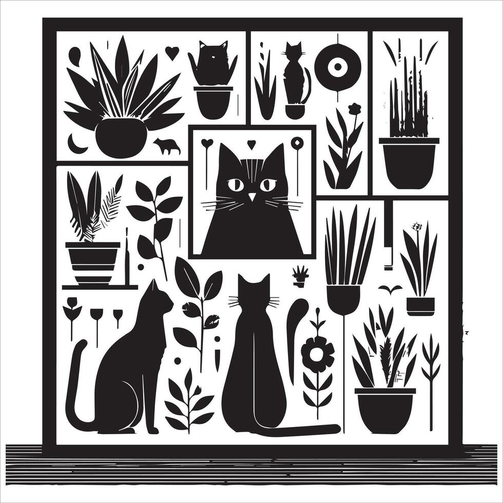 A silhouette black cat in an illustration frame with a floral design on its back silhouette print design vector
