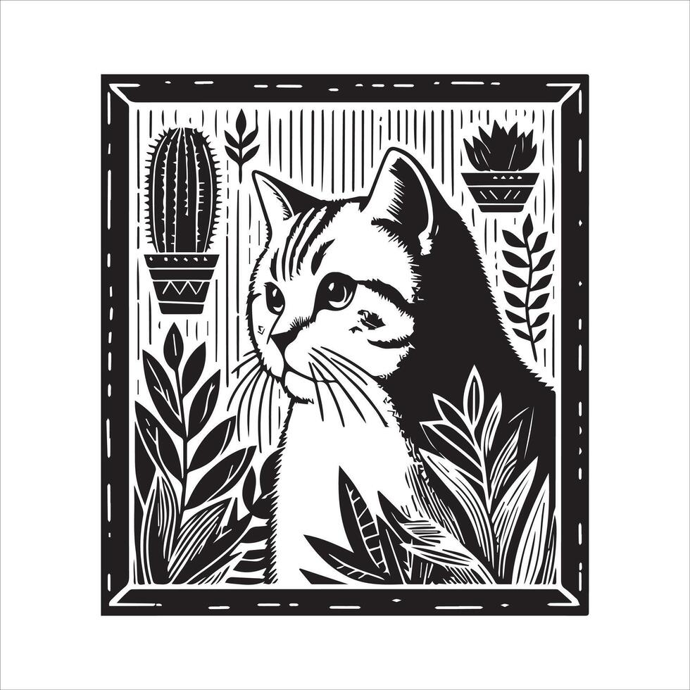 A silhouette black cat in an illustration frame with a floral design on its back silhouette print design vector