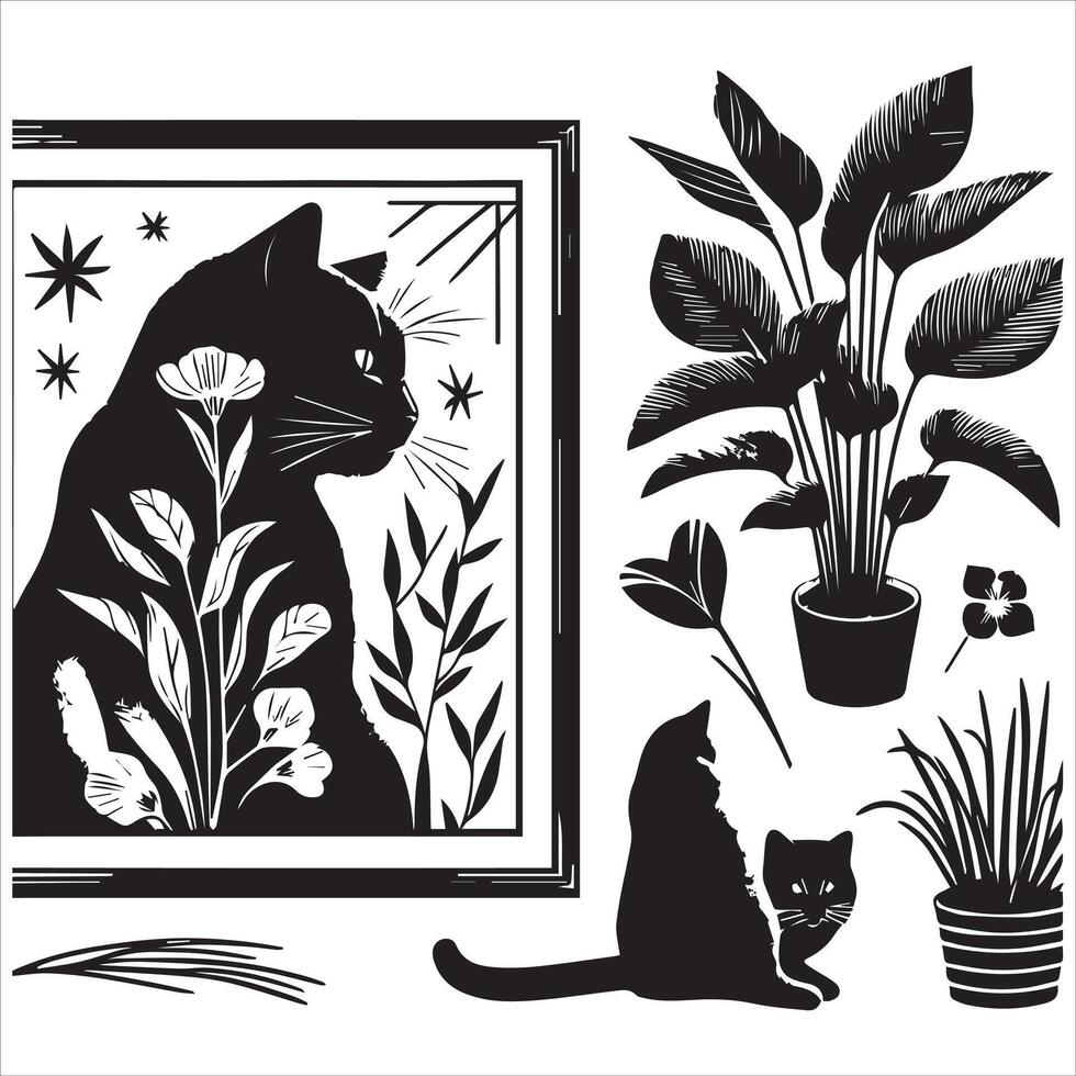 A silhouette black cat in an illustration frame with a floral design on its back silhouette print design vector