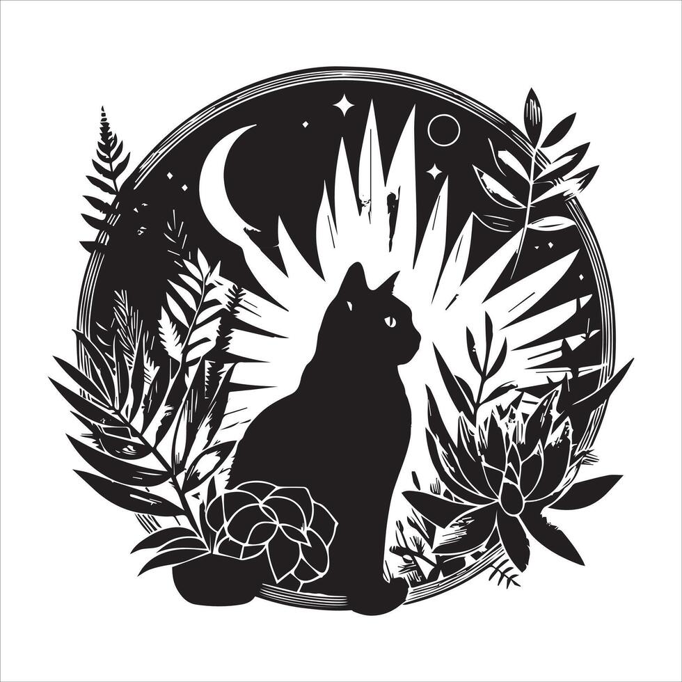 A silhouette black cat in an illustration frame with a floral design on its back silhouette print design vector