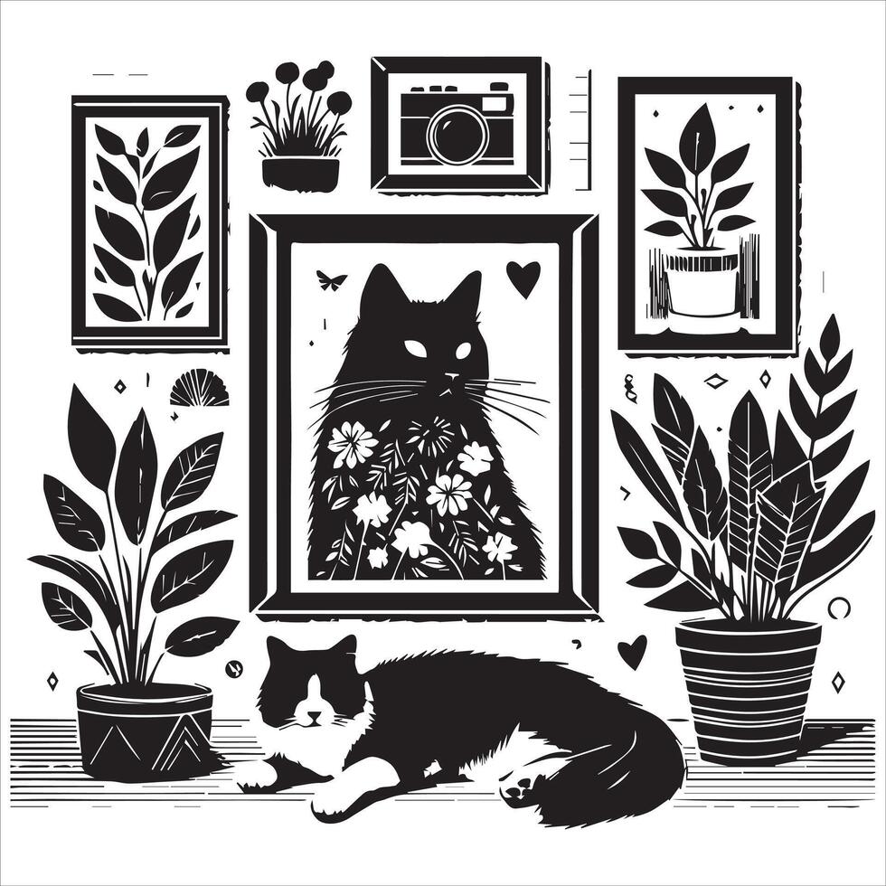 A silhouette black cat in an illustration frame with a floral design on its back silhouette print design vector