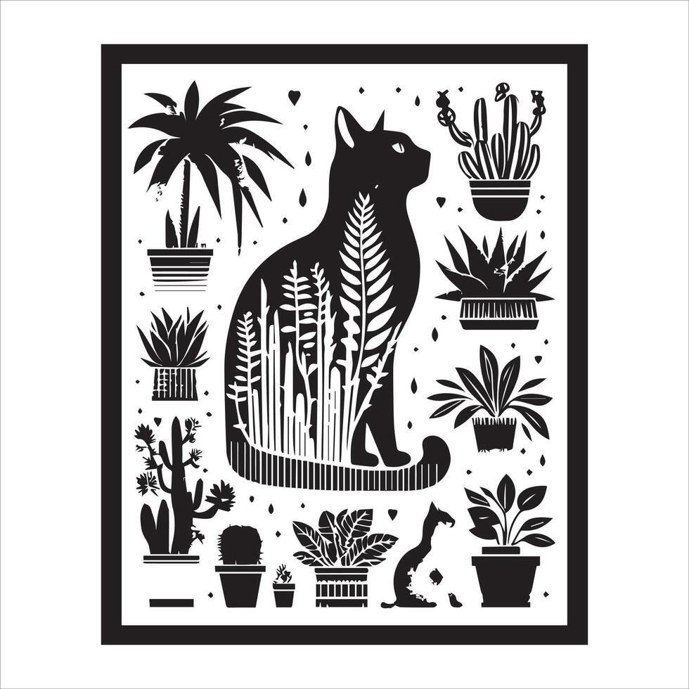 A silhouette black cat in an illustration frame with a floral design on its back silhouette print design vector