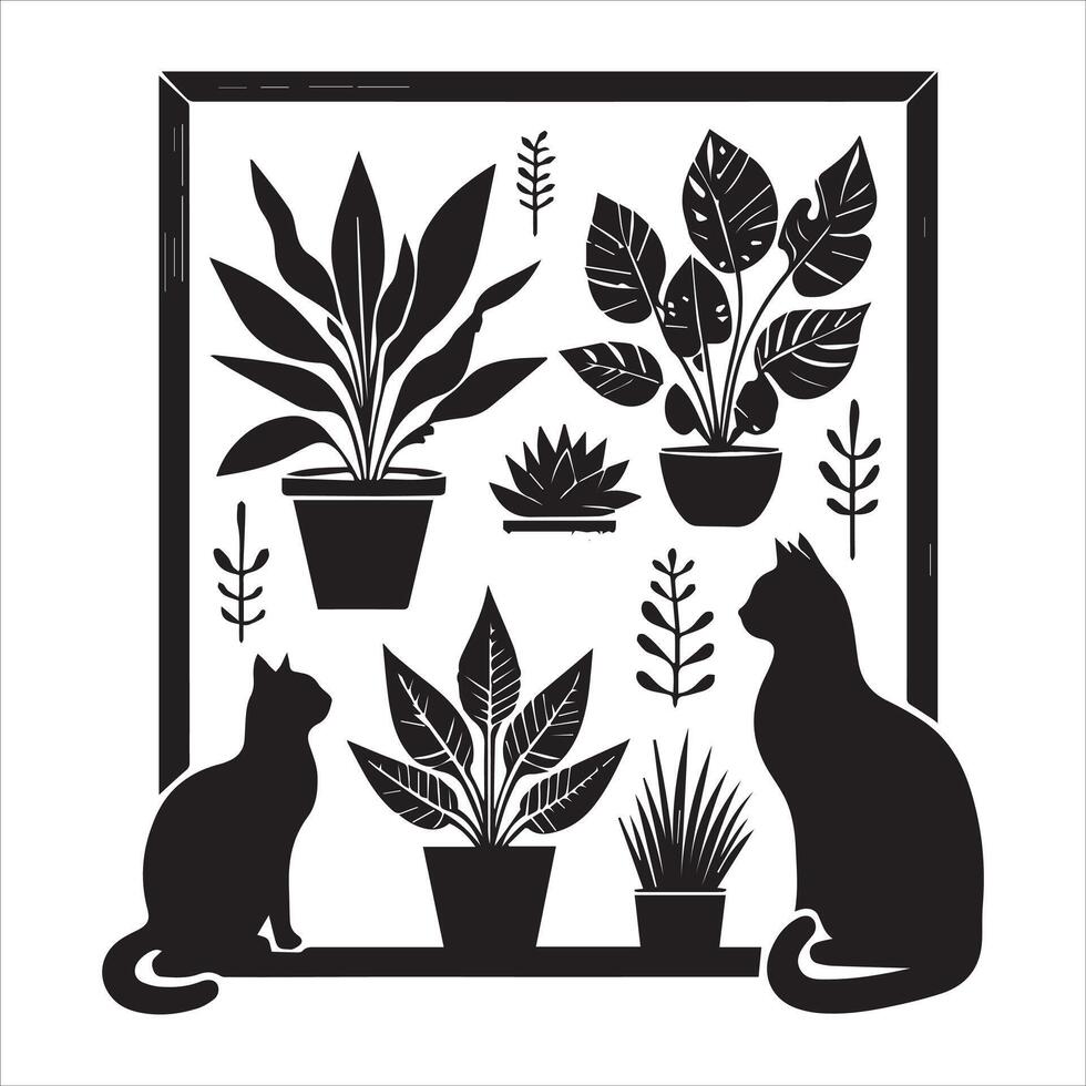 A silhouette black cat in an illustration frame with a floral design on its back silhouette print design vector