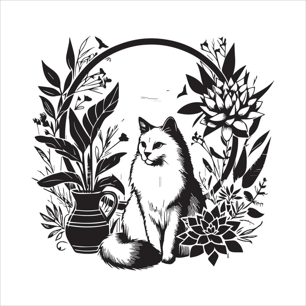 A silhouette black cat in an illustration frame with a floral design on its back silhouette print design vector