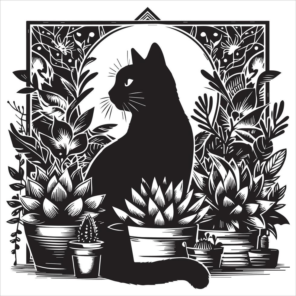 A silhouette black cat in an illustration frame with a floral design on its back silhouette print design vector
