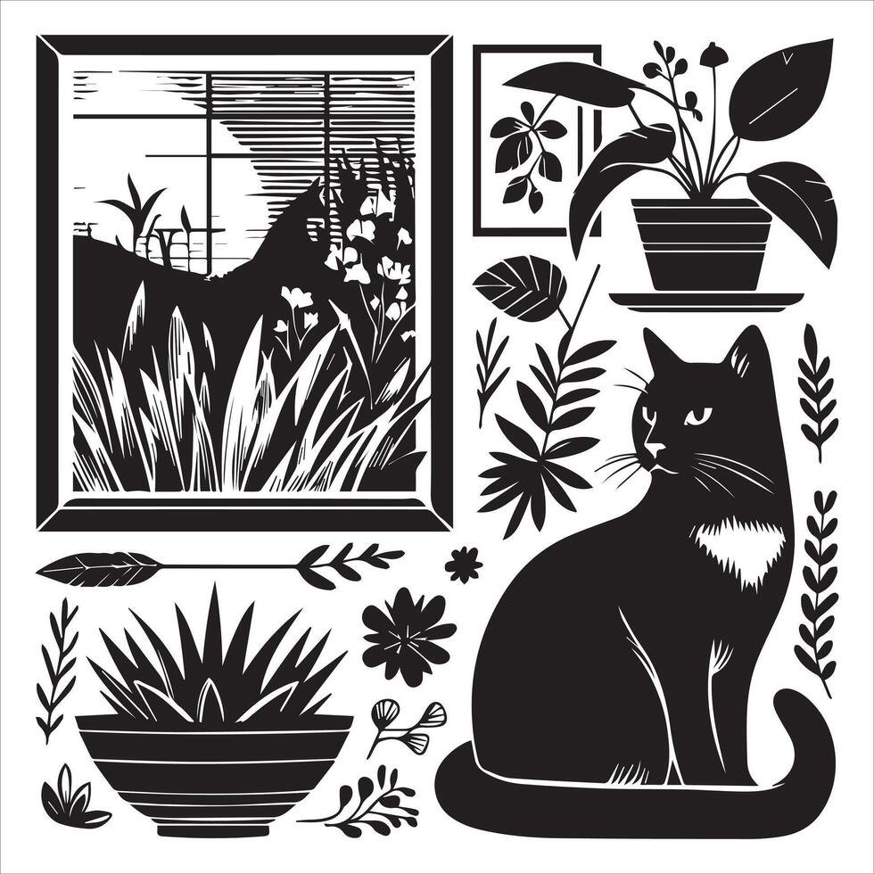 A silhouette black cat in an illustration frame with a floral design on its back silhouette print design vector