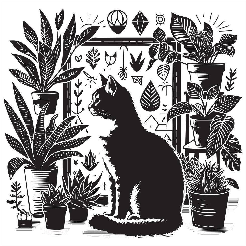 A silhouette black cat in an illustration frame with a floral design on its back silhouette print design vector