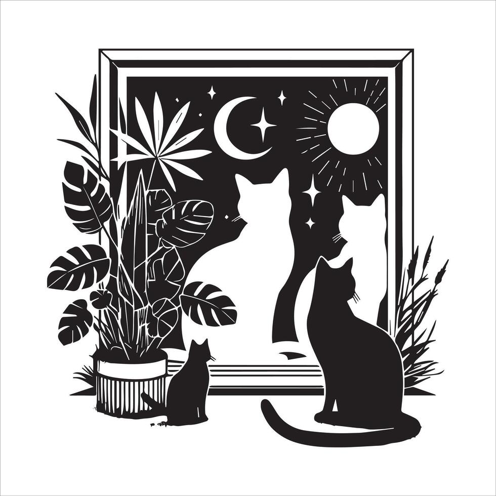 A silhouette black cat in an illustration frame with a floral design on its back silhouette print design vector
