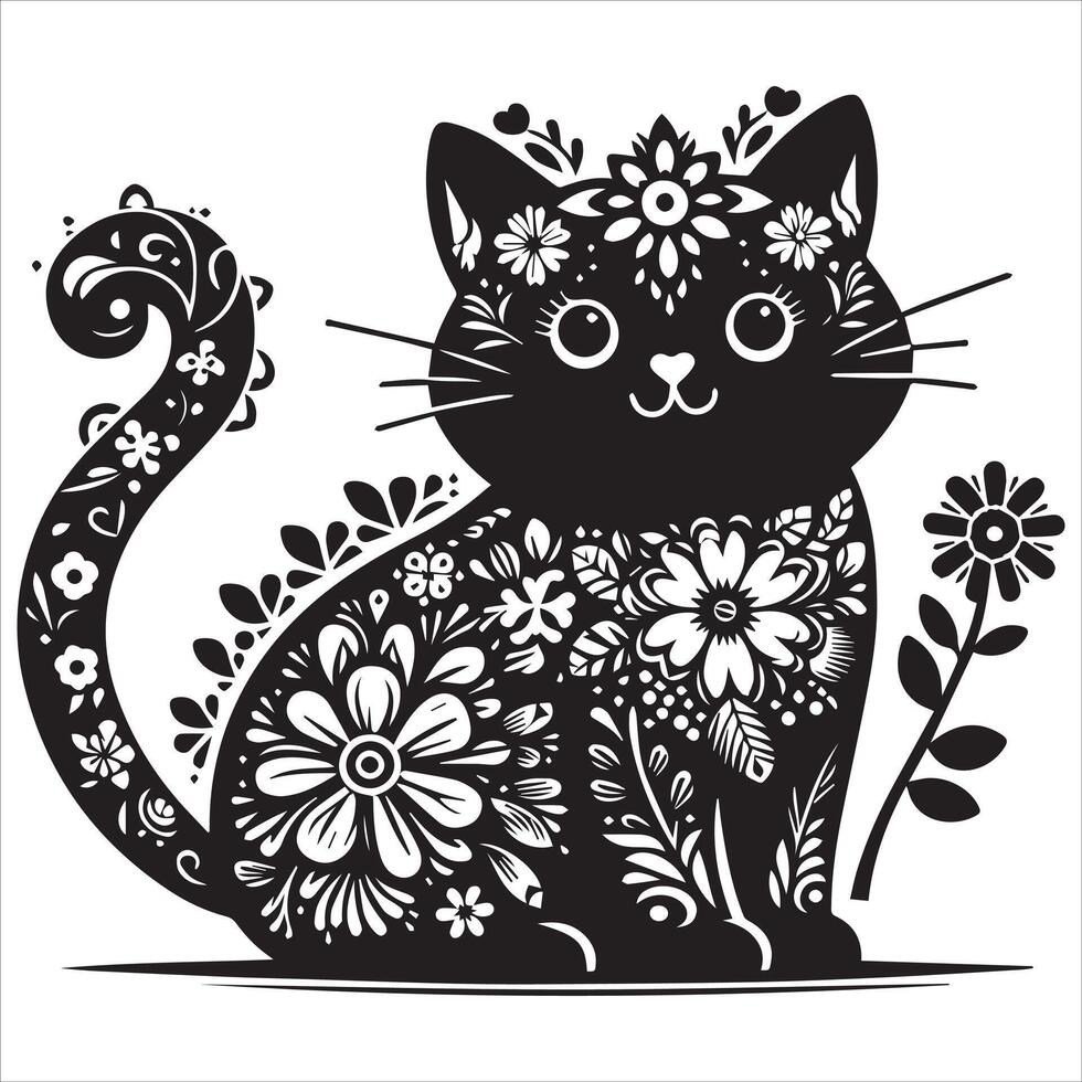 A silhouette black cat in an illustration frame with a floral design on its back silhouette design vector
