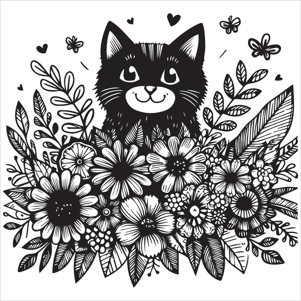 Print A silhouette black cat in an illustration frame with a floral design on its back silhouette design vector