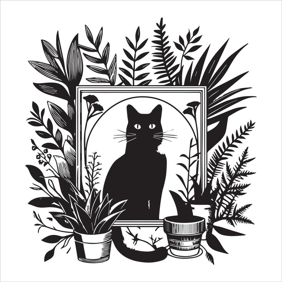 Print A silhouette black cat in an illustration frame with a floral design on its back silhouette design vector