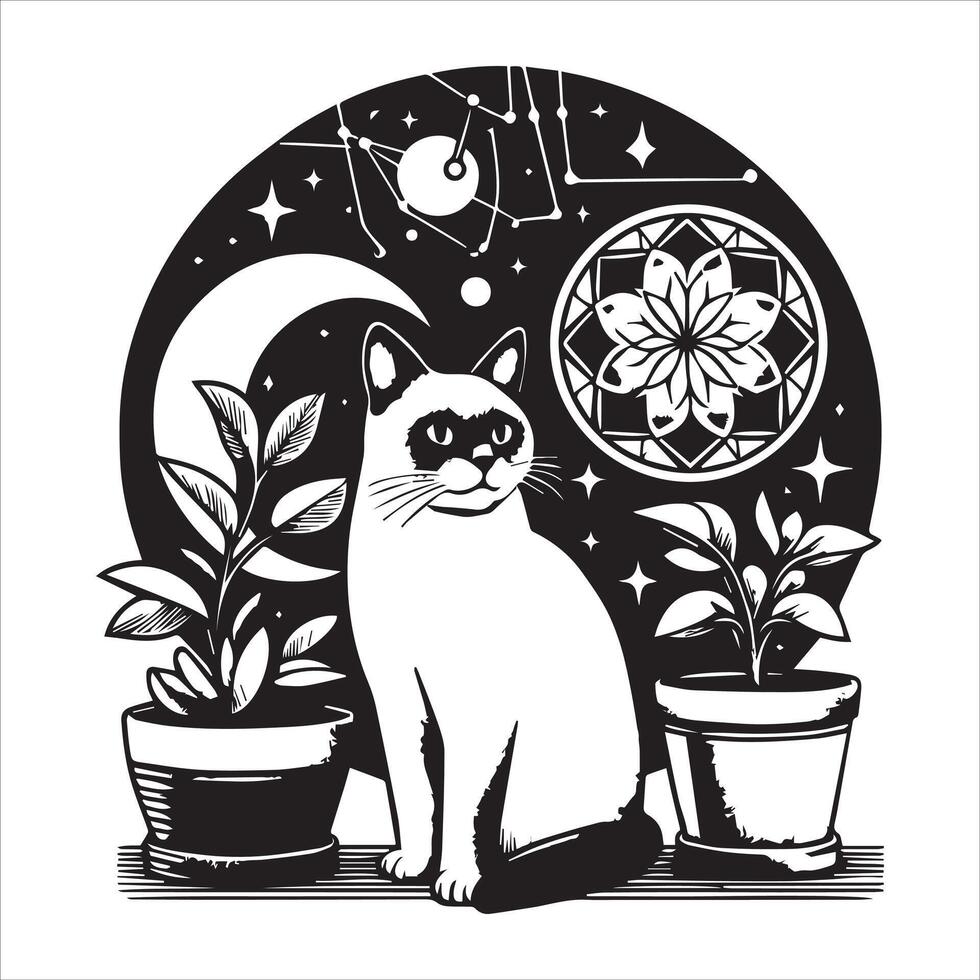 Print A silhouette black cat in an illustration frame with a floral design on its back silhouette design vector