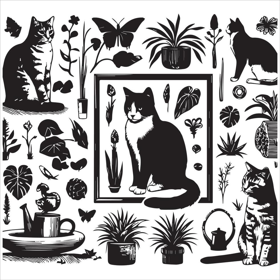 Print A silhouette black cat in an illustration frame with a floral design on its back silhouette design vector
