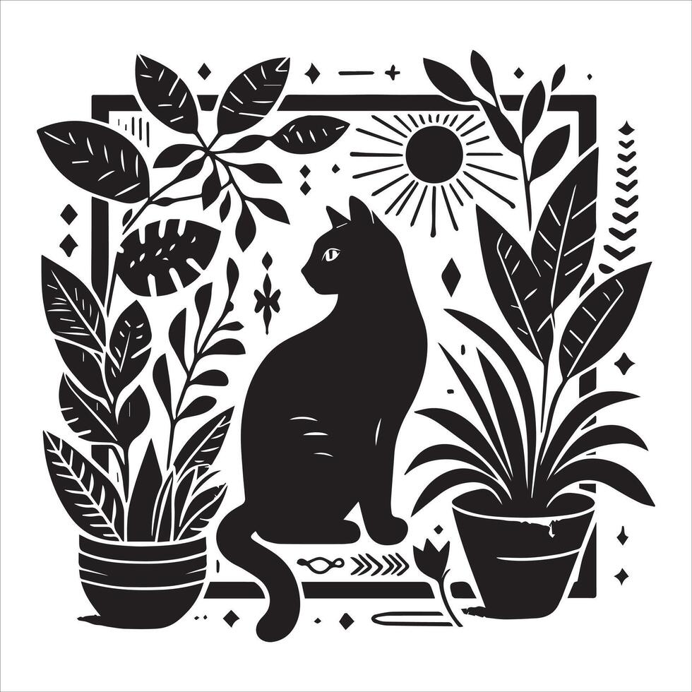 Print A silhouette black cat in an illustration frame with a floral design on its back silhouette design vector