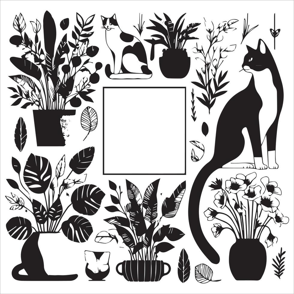 Print A silhouette black cat in an illustration frame with a floral design on its back silhouette design vector
