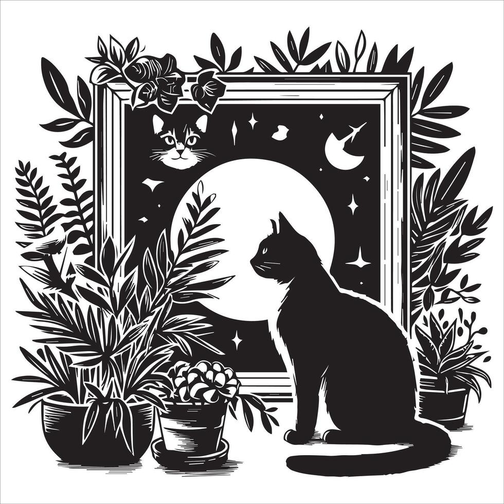 Print A silhouette black cat in an illustration frame with a floral design on its back silhouette design vector