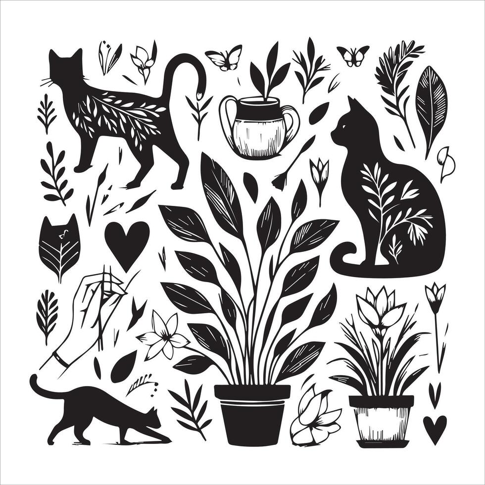 Print A silhouette black cat in an illustration frame with a floral design on its back silhouette design vector