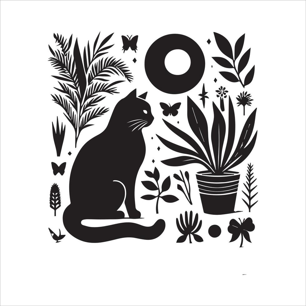 Print A silhouette black cat in an illustration frame with a floral design on its back silhouette design vector