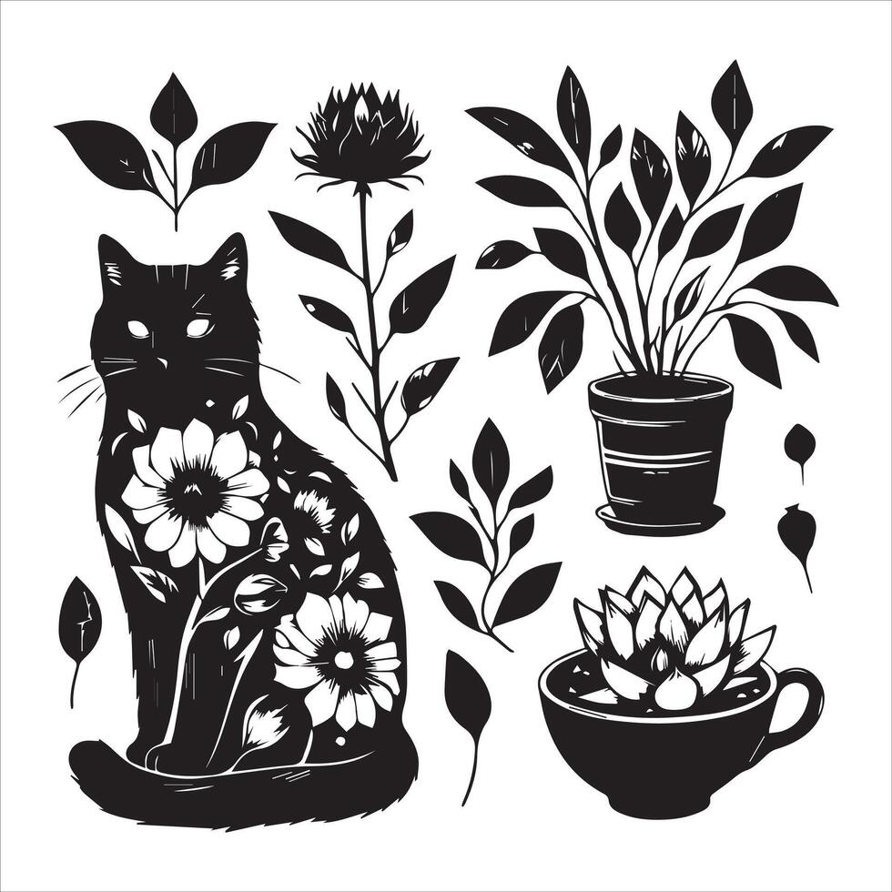 Print A silhouette black cat in an illustration frame with a floral design on its back silhouette design vector