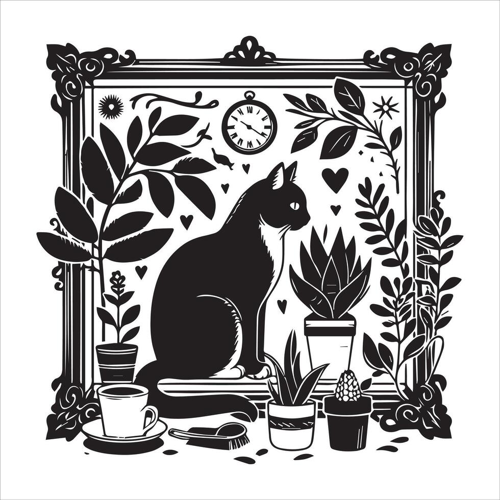 Print A silhouette black cat in an illustration frame with a floral design on its back silhouette design vector