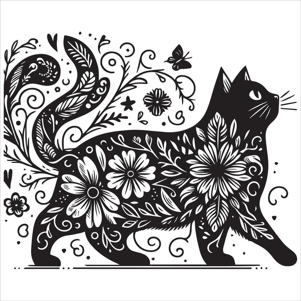 Print A silhouette black cat in an illustration frame with a floral design on its back silhouette design vector