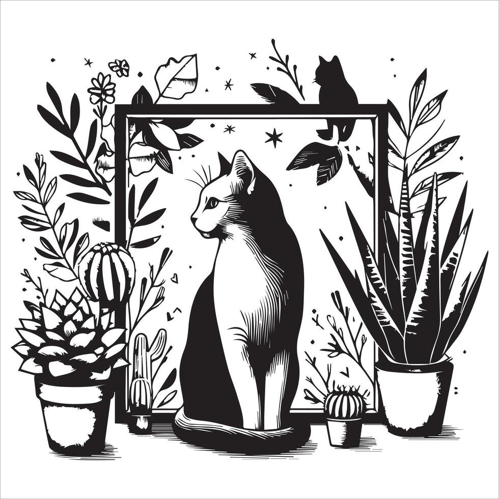 Print A silhouette black cat in an illustration frame with a floral design on its back silhouette design vector