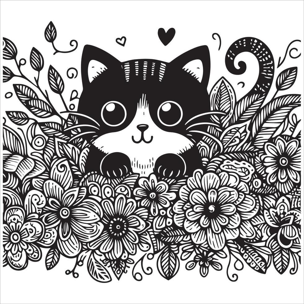 Print A silhouette black cat in an illustration frame with a floral design on its back silhouette design vector
