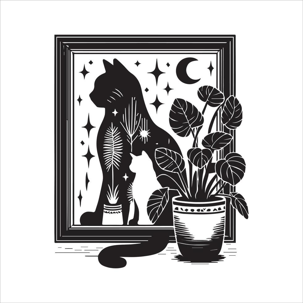 Print A silhouette black cat in an illustration frame with a floral design on its back silhouette design vector