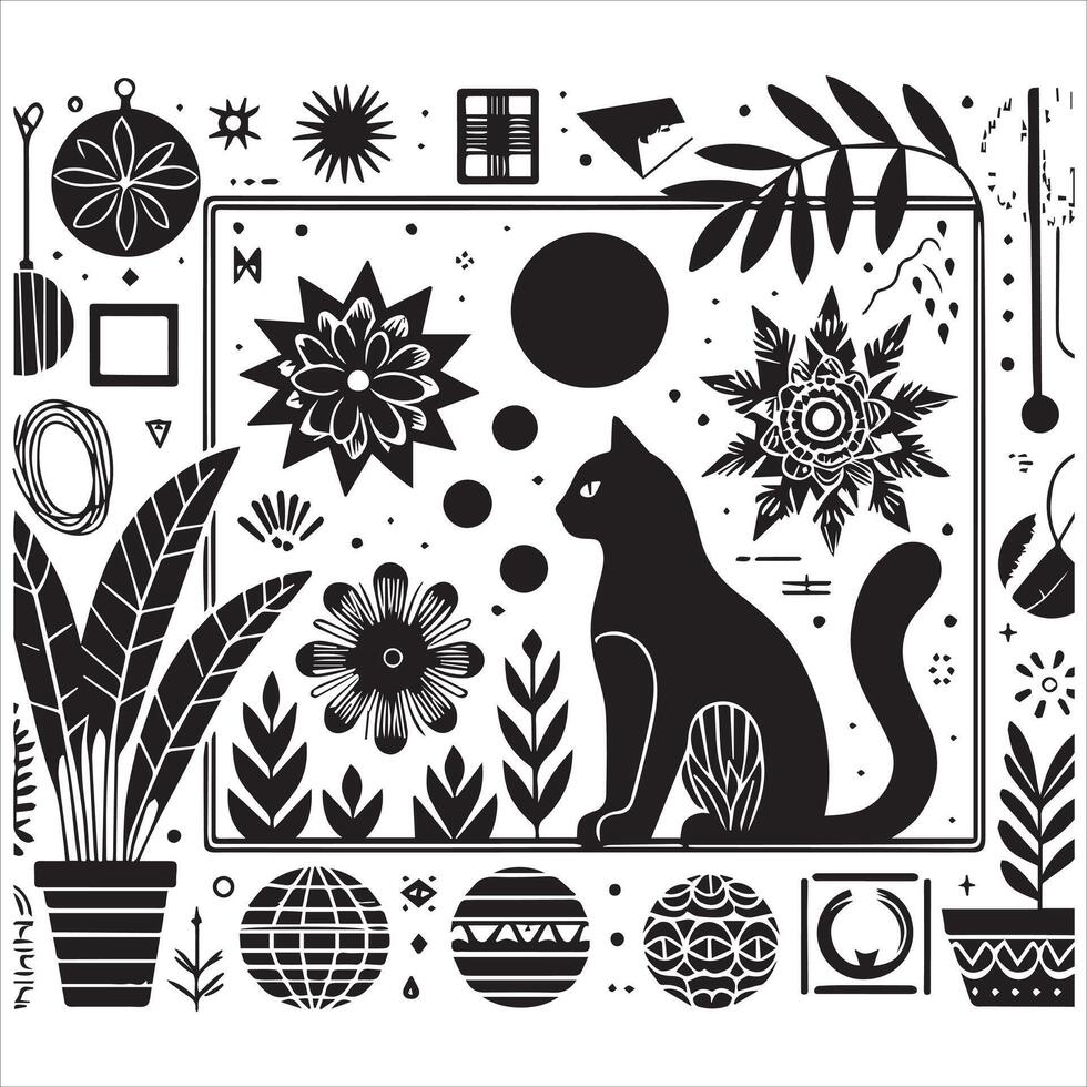 Print A silhouette black cat in an illustration frame with a floral design on its back silhouette design vector