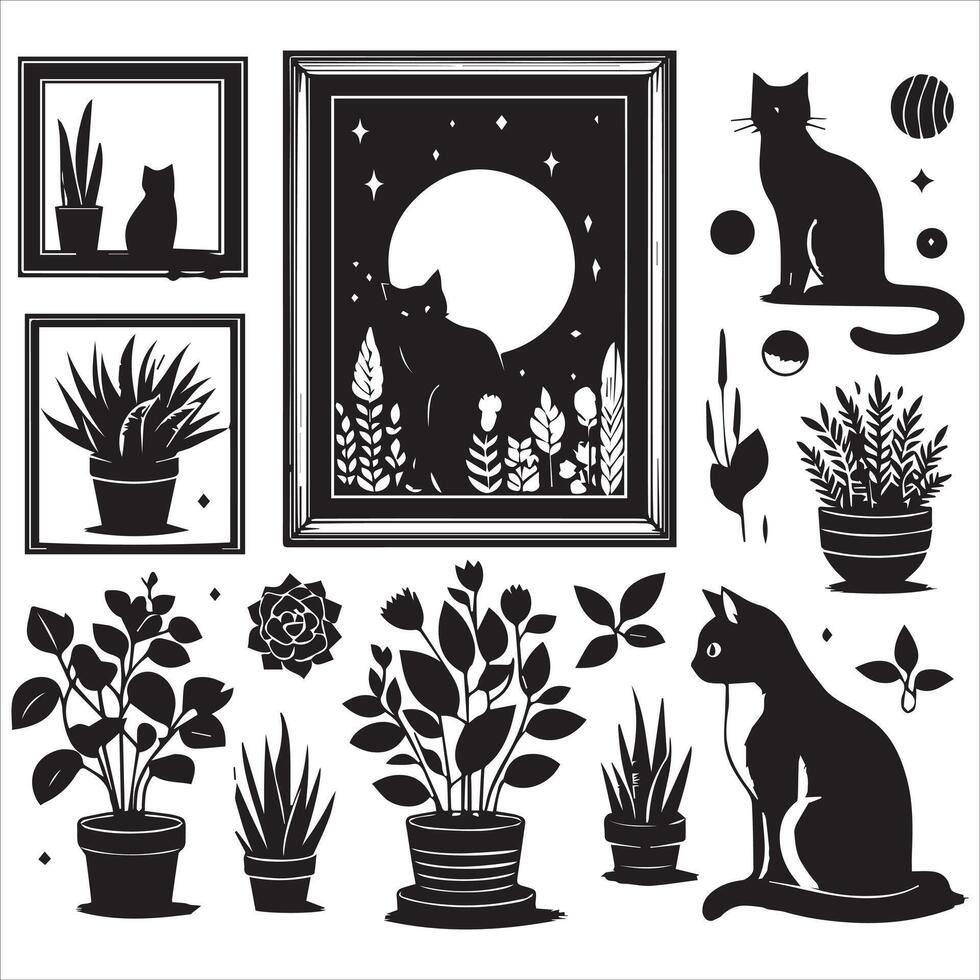 Print A silhouette black cat in an illustration frame with a floral design on its back silhouette design vector