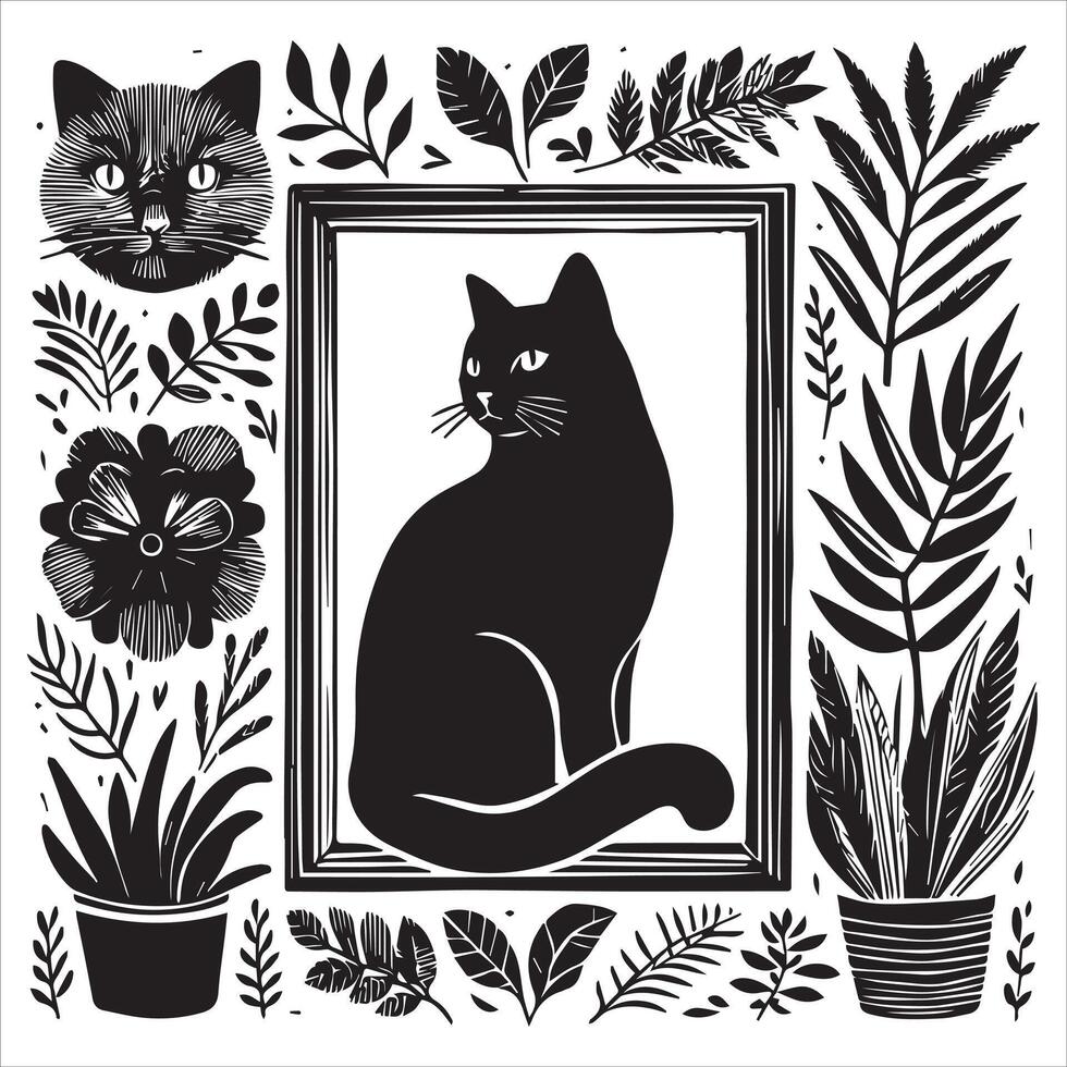 Print A silhouette black cat in an illustration frame with a floral design on its back silhouette design vector
