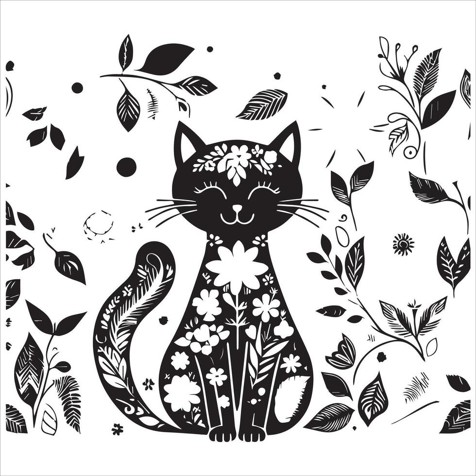 Print A silhouette black cat in an illustration frame with a floral design on its back silhouette design vector