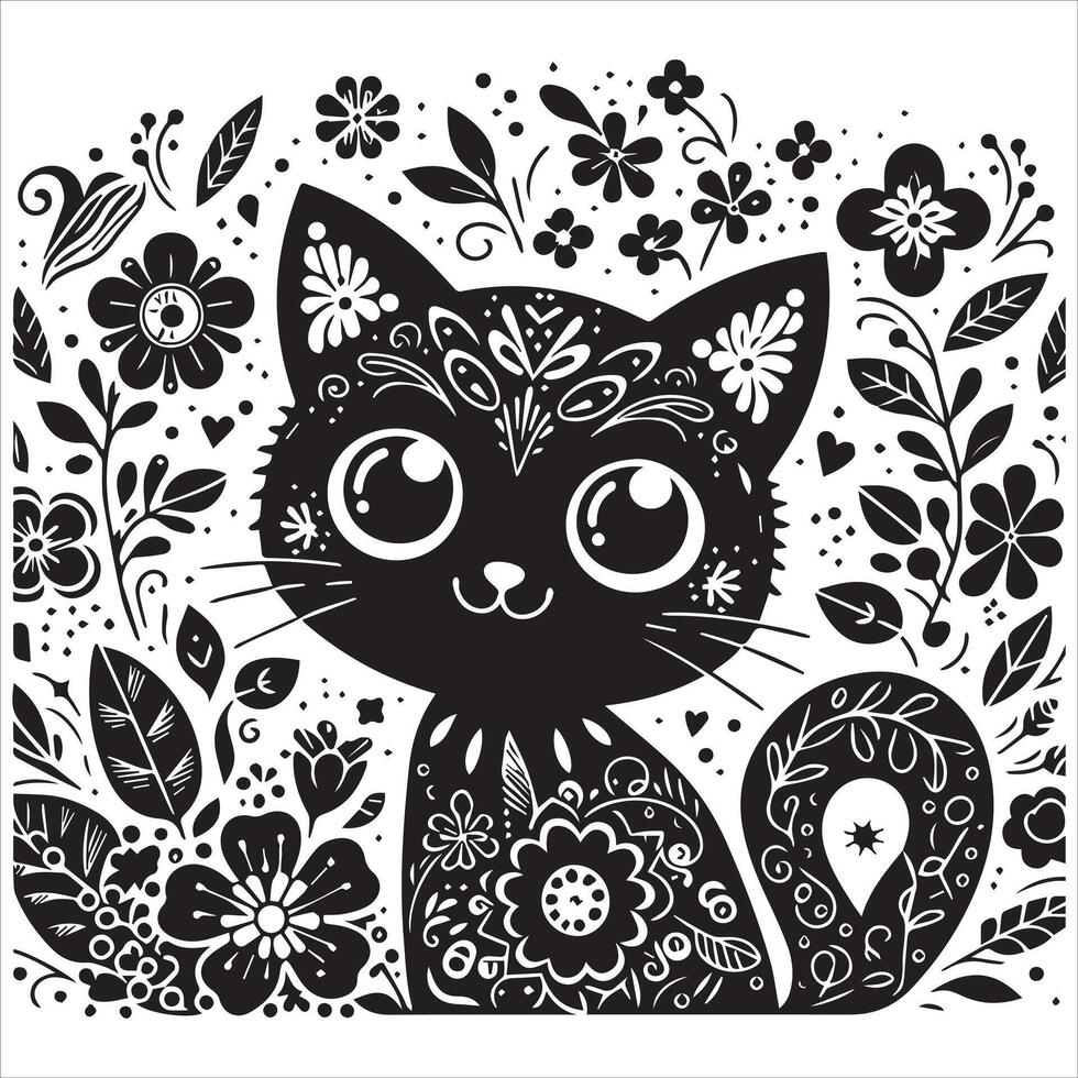 Print A silhouette black cat in an illustration frame with a floral design on its back silhouette design vector