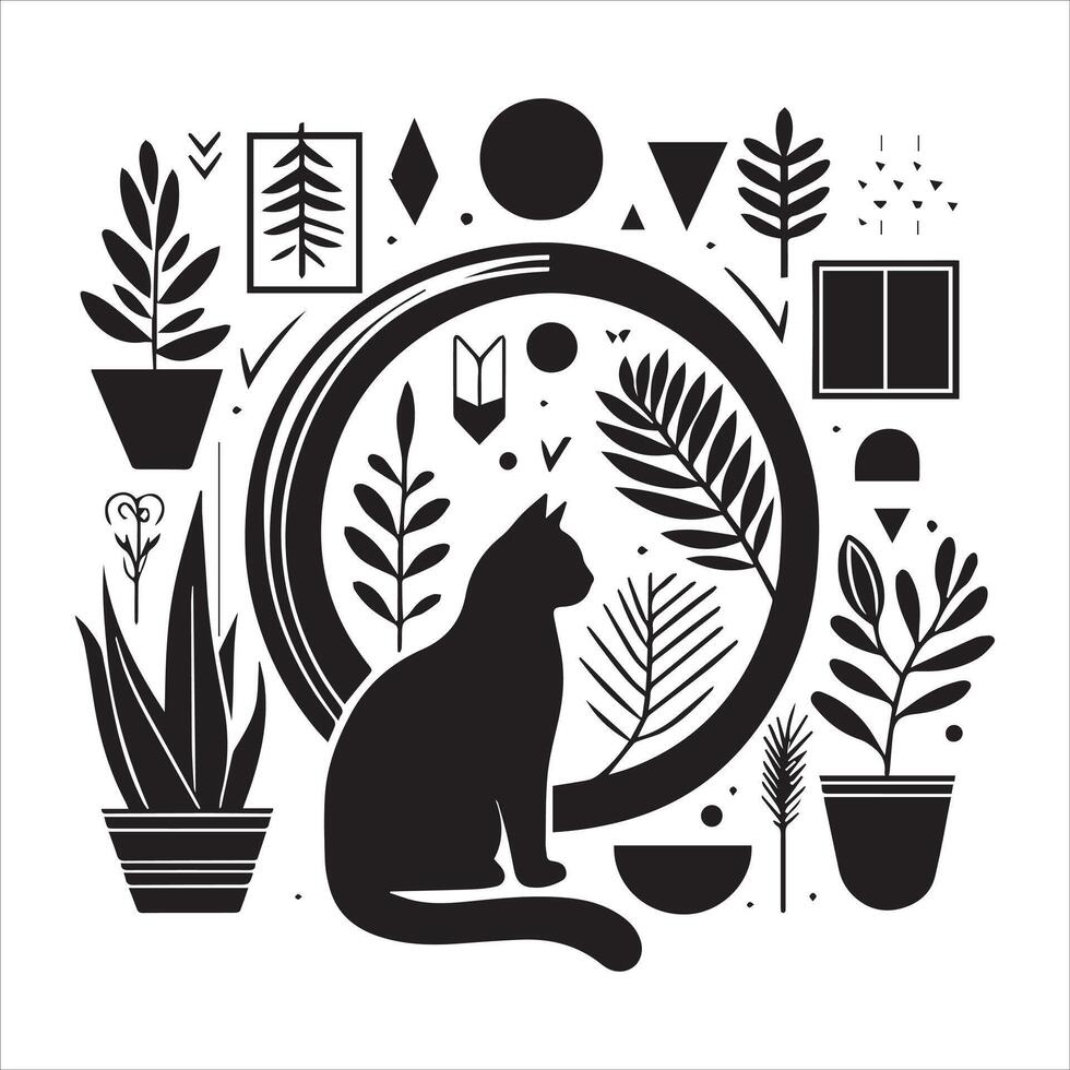 Print A silhouette black cat in an illustration frame with a floral design on its back silhouette design vector