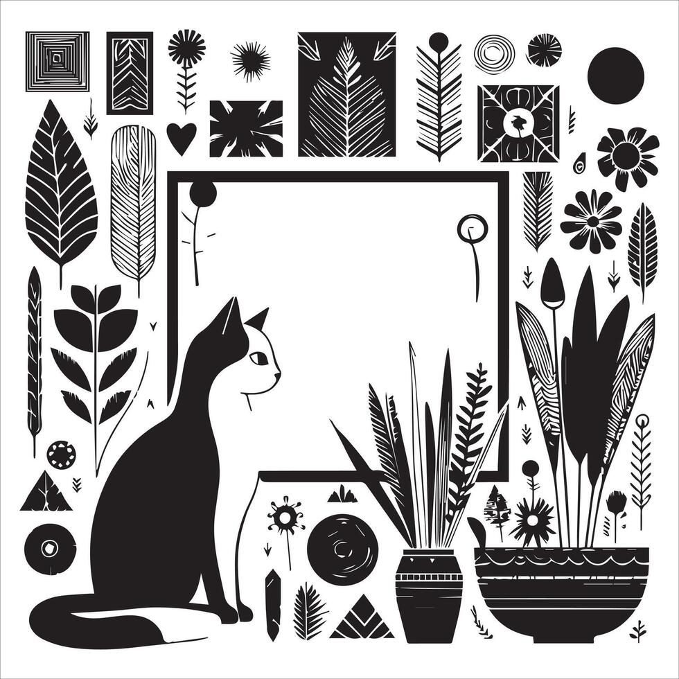 Print A silhouette black cat in an illustration frame with a floral design on its back silhouette design vector