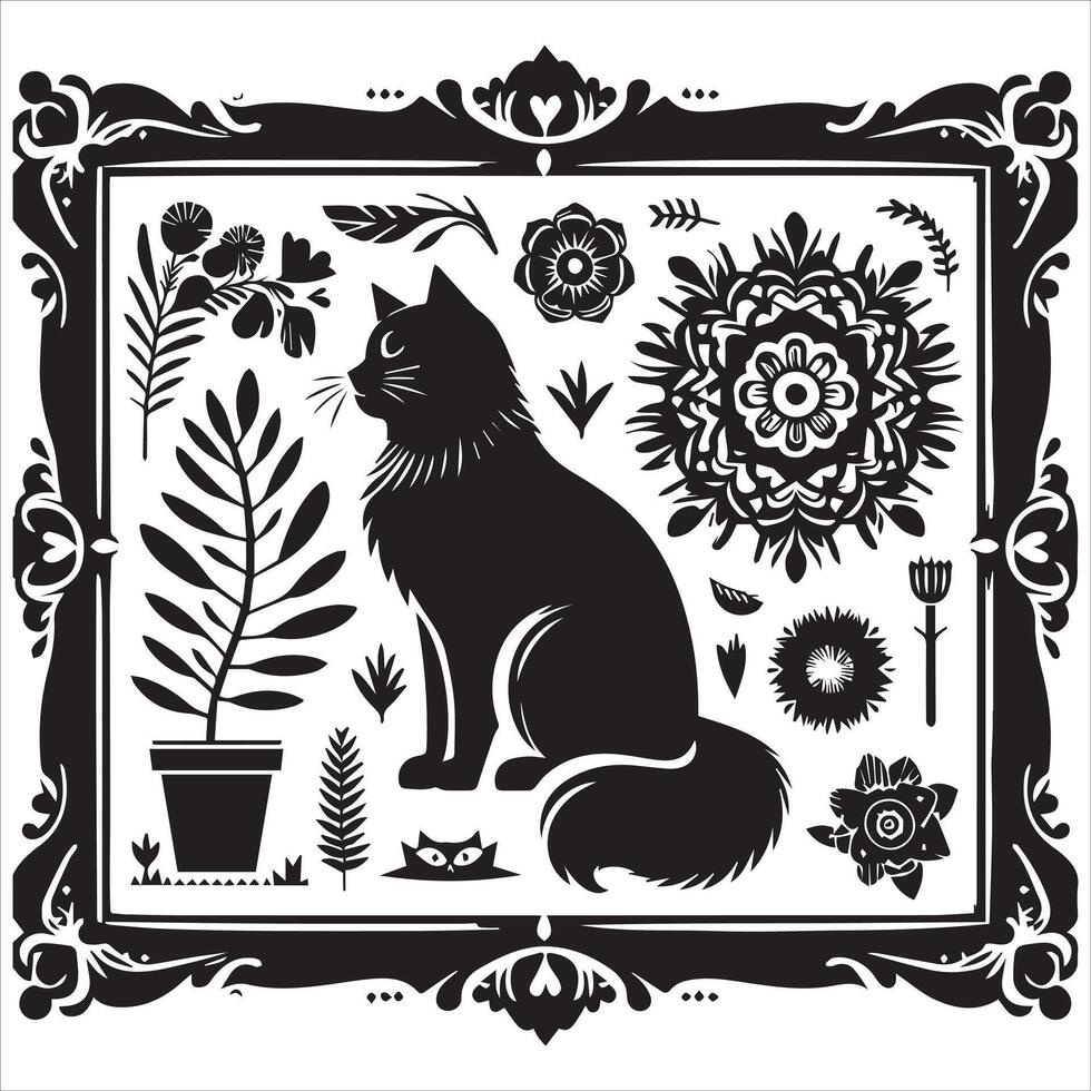 Print A silhouette black cat in an illustration frame with a floral design on its back silhouette design vector