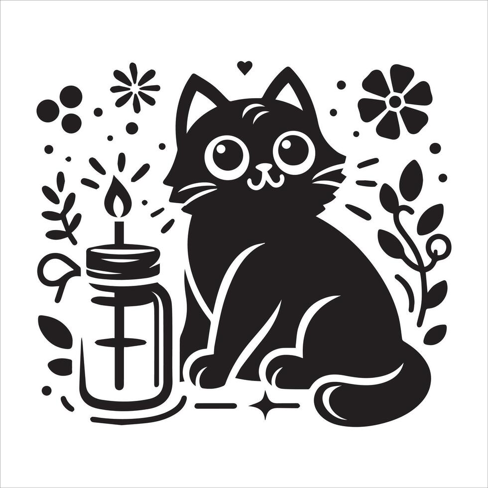 Print A silhouette black cat in an illustration frame with a floral design on its back silhouette design vector