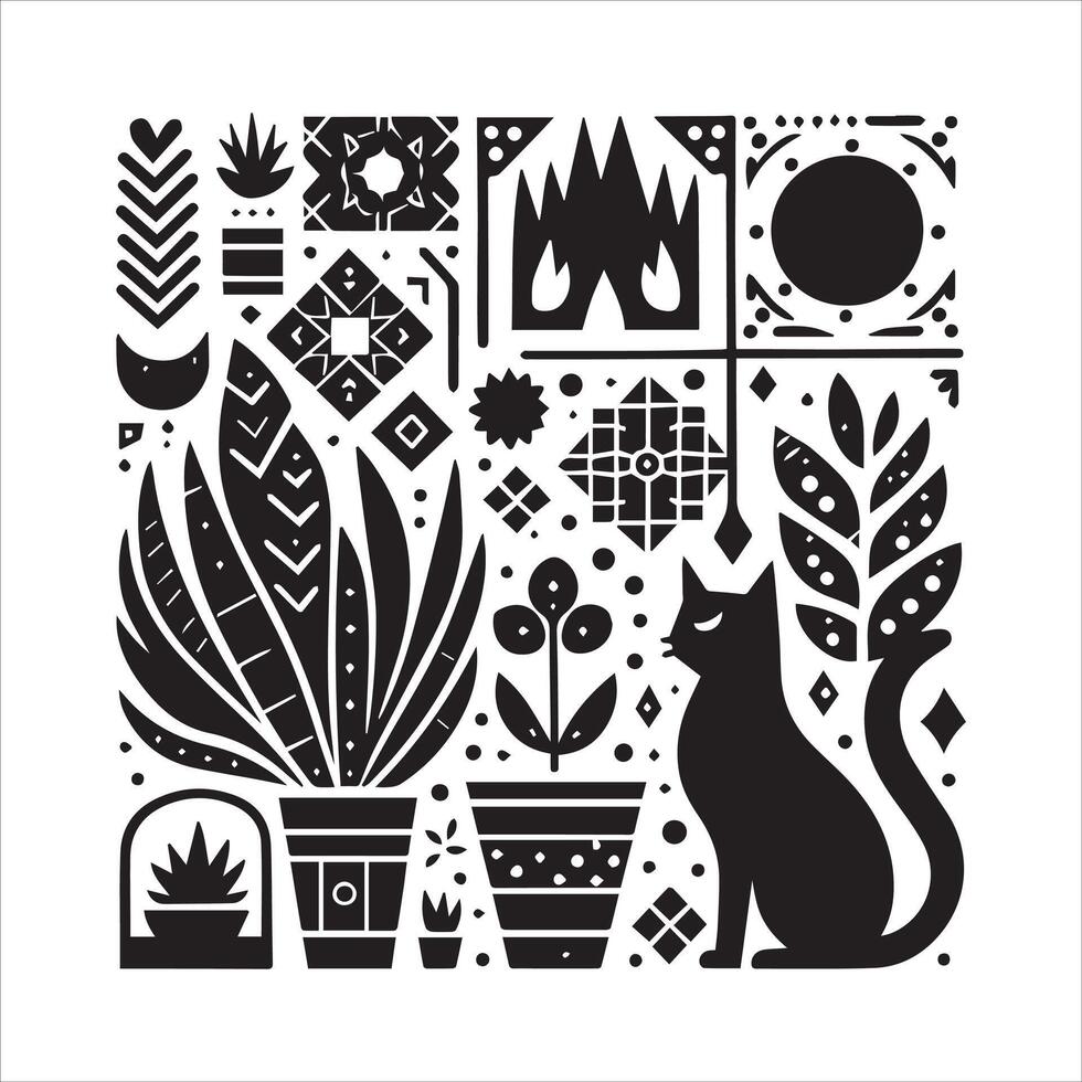 Print A silhouette black cat in an illustration frame with a floral design on its back silhouette design vector