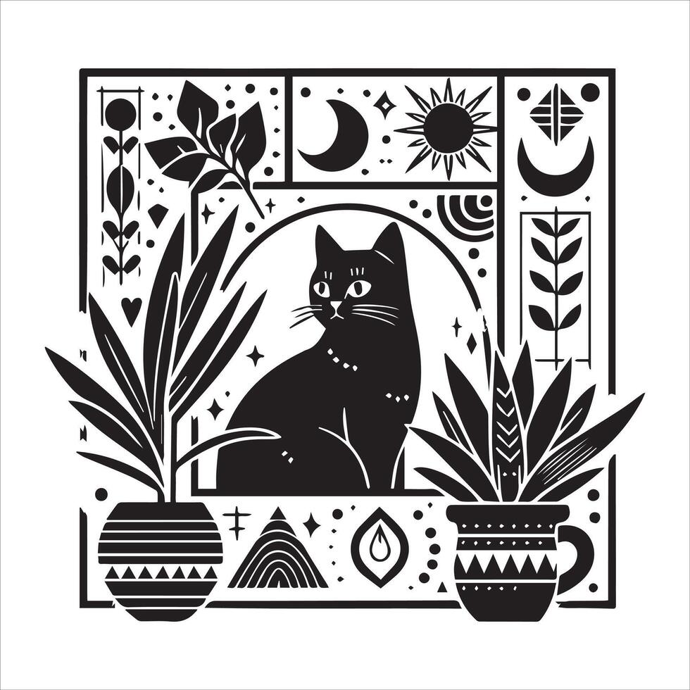 Print A silhouette black cat in an illustration frame with a floral design on its back silhouette design vector