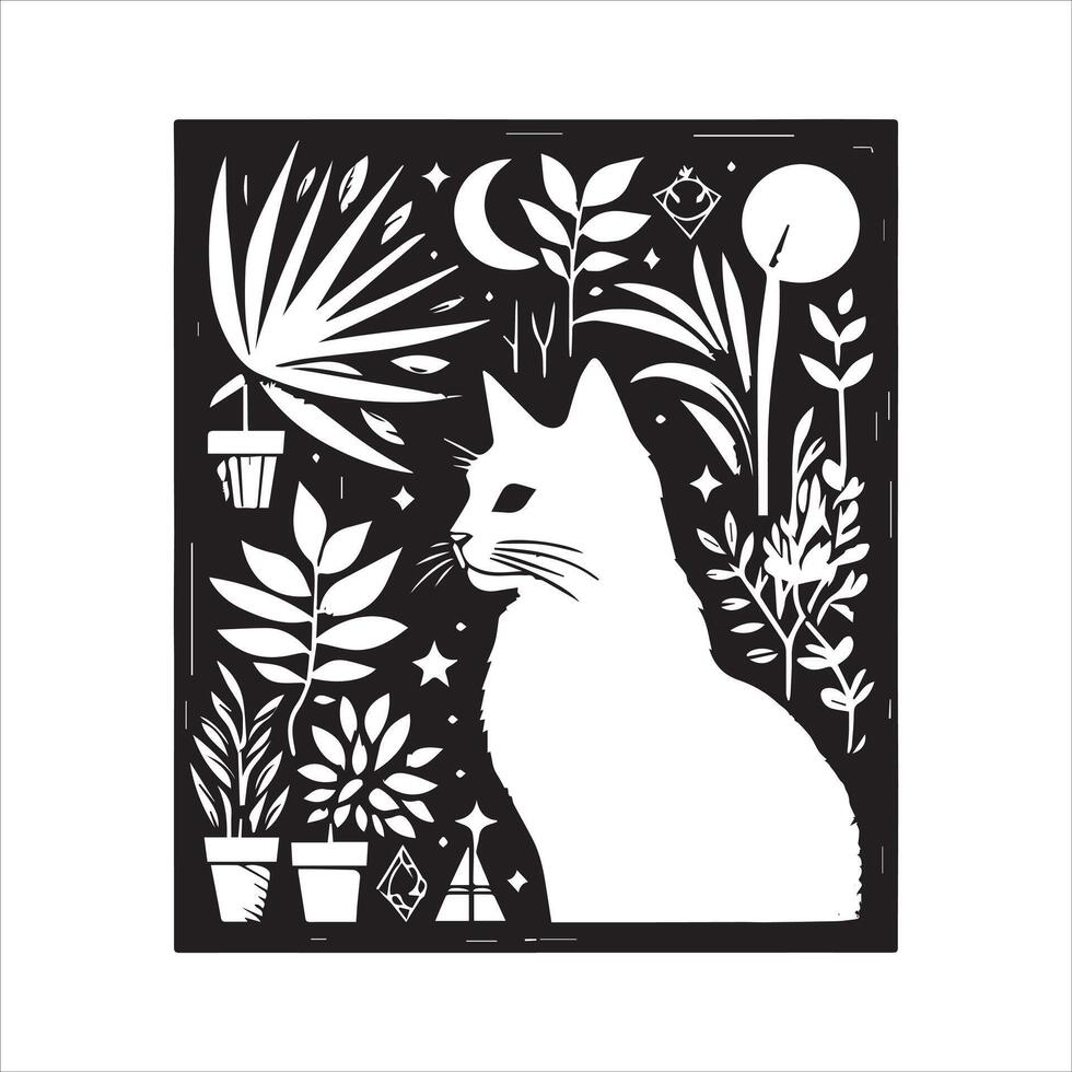 Print A silhouette black cat in an illustration frame with a floral design on its back silhouette design vector