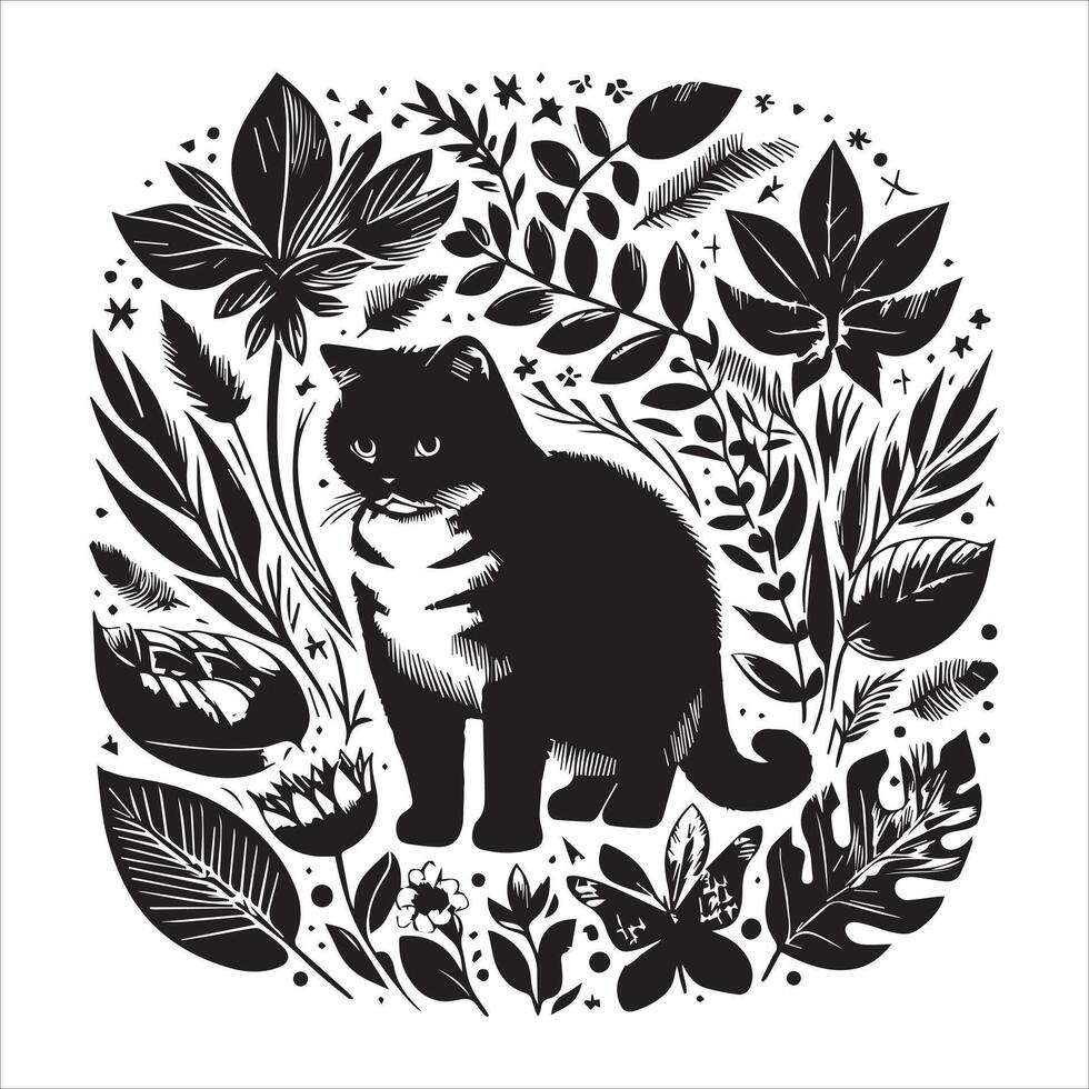 Print A silhouette black cat in an illustration frame with a floral design on its back silhouette design vector