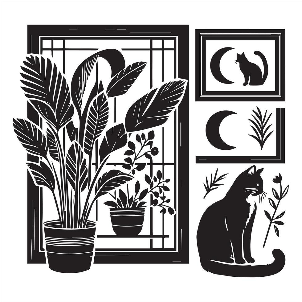 Print A silhouette black cat in an illustration frame with a floral design on its back silhouette design vector