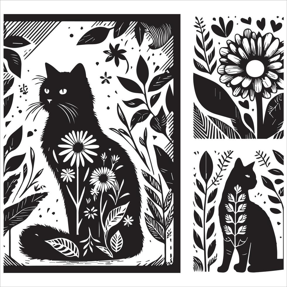 Print A silhouette black cat in an illustration frame with a floral design on its back silhouette design vector