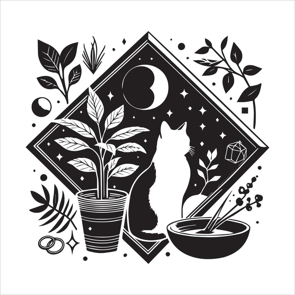 Print A silhouette black cat in an illustration frame with a floral design on its back silhouette design vector