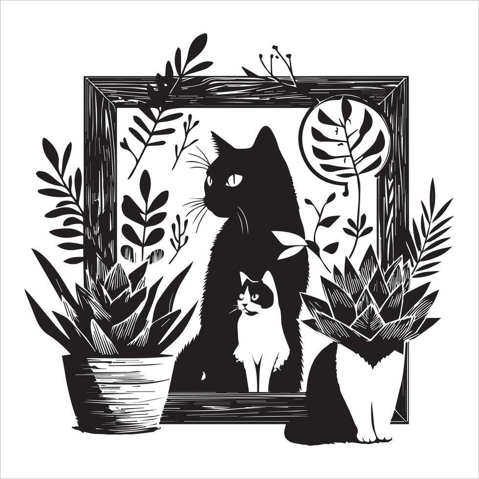 Print A silhouette black cat in an illustration frame with a floral design on its back silhouette design vector